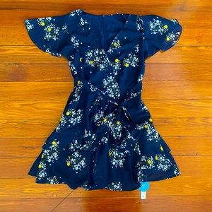 Hermine V-Neck Tie Mini Length A- Shape Blue Floral Dress NWT size SMALL